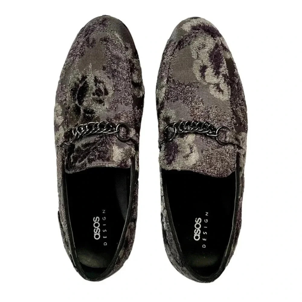 ASOS Men’s Gray Floral Velvet Loafers Chain Detail Slip On Size 8